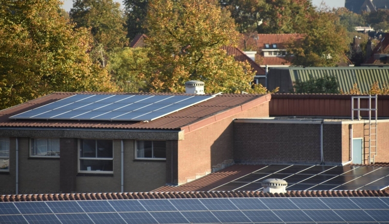 Een foto van zonnepanelen op daken in Nederland.