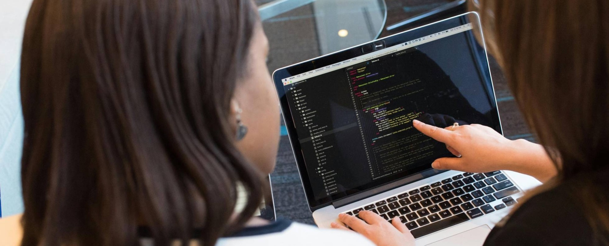 Two students in Bioinformatics working with a laptop.