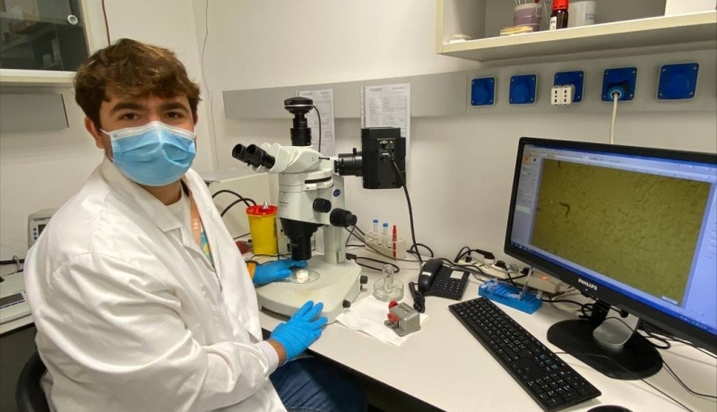 Yavor is working with a microscope in the life sciences lab