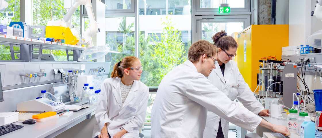 Biobased lab bij HAN Connectr op het IPKW. Studenten samenwerken, met begeleider, trekbank, minor biobased innovations.